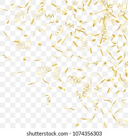 Gold shine of confetti. Abstract background with falling golden tiny confetti. Luxury festive background for your design, cards, invitations, gift, vip. Vector.