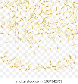 Gold shine of confetti. Abstract background with falling golden tiny confetti. Luxury festive background for your design, cards, invitations, gift, vip. Vector.