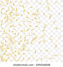Gold shine of confetti. Abstract background with falling golden tiny confetti. Luxury festive background for your design, cards, invitations, gift, vip. Vector.