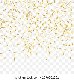 Gold shine of confetti. Abstract background with falling golden tiny confetti. Luxury festive background for your design, cards, invitations, gift, vip. Vector.