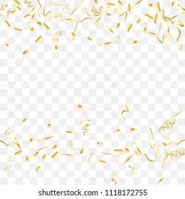 Gold shine of confetti. Abstract background with falling golden tiny confetti. Luxury festive background for your design, cards, invitations, gift, vip. Vector.