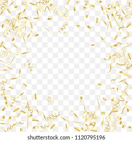 Gold shine of confetti. Abstract background with falling golden tiny confetti. Luxury festive background for your design, cards, invitations, gift, vip. Vector.