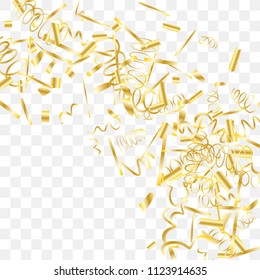 Gold shine of confetti. Abstract background with falling golden tiny confetti. Luxury festive background for your design, cards, invitations, gift, vip. Vector.