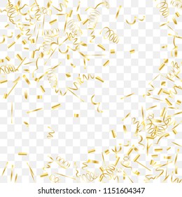 Gold shine of confetti. Abstract background with falling golden tiny confetti. Luxury festive background for your design, cards, invitations, gift, vip. Vector.