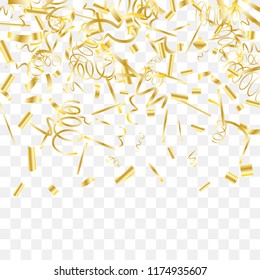 Gold shine of confetti. Abstract background with falling golden tiny confetti. Luxury festive background for your design, cards, invitations, gift, vip. Vector.