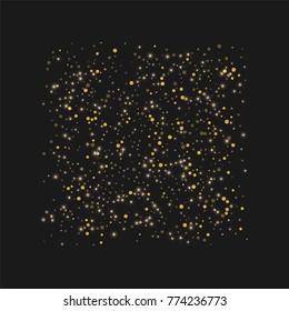 Gold shine of confetti. Luxury festive background. Golden translucent abstract dot and shining stars on a black background. Element of design. Vector illustration, EPS 10.