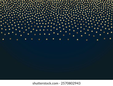 Gold Shine Falling Vector Black Background. Holiday Polka Design. Shiny Sparkle Isolated Background. Circle Bright Pattern.