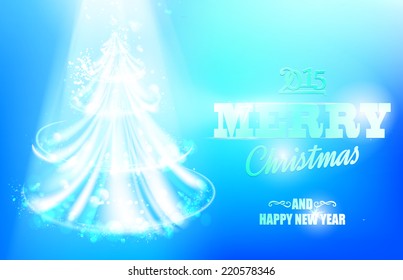 Gold shine fir-tree over blue christmas background. Vector illustration.