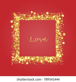 Gold shine frame on a red background. Gold grained frame. Gold background with confetti and stars. Vector illustration.