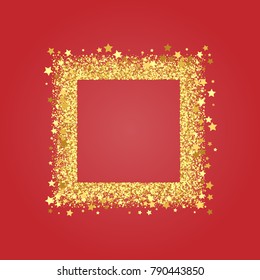 Gold shine frame on a red background. Gold grained frame. Gold background with confetti and stars. Vector illustration.