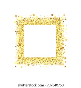 Gold shine frame on a white background. Gold grained frame. Gold background with confetti and stars. Vector illustration.