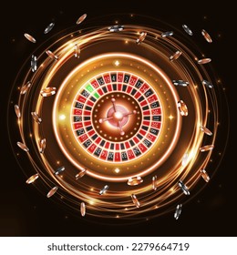 Gold shine neon rotate Casino Roulette wheel with poker chips, digital casino element