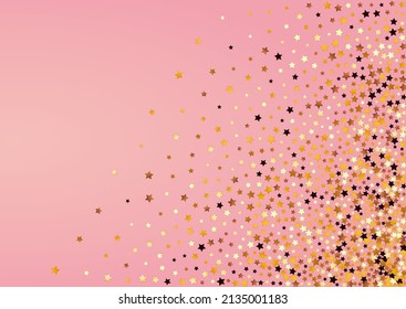 Gold Shine Vector Pink Background. Yellow Falling Starry Texture. Rain Festive Illustration.  Gilded Glamour Universe Pattern.