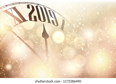 Gold shining bokeh 2019 New Year background with clock. Beautiful Christmas greeting card. Vector illustration.