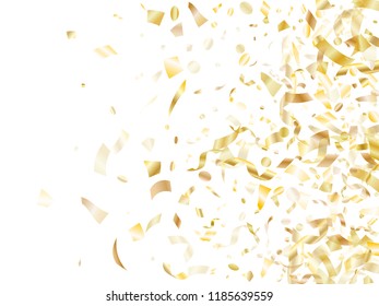 Gold shining confetti flying on white holiday vector graphics. Beautiful flying sparkle elements, gold foil gradient serpentine streamers confetti falling birthday vector.