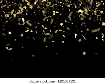 Gold shining confetti flying on black holiday vector backdrop. Rich flying sparkle elements, gold foil texture serpentine streamers confetti falling party vector.