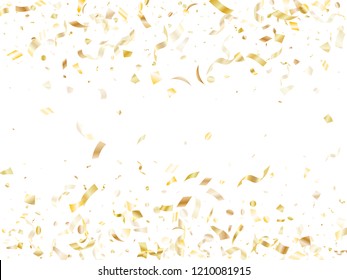 Gold shining confetti flying on white holiday card background. Creative flying tinsel elements, gold foil gradient serpentine streamers confetti falling christmas vector.