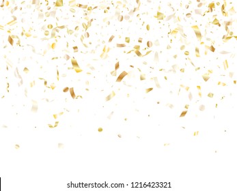 Gold shining confetti flying on white holiday vector background. VIP flying tinsel elements, gold foil texture serpentine streamers confetti falling party vector.
