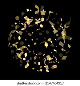 Gold shining confetti flying on black holiday vector background. Chic flying sparkle elements, gold foil gradient serpentine streamers confetti falling party background.