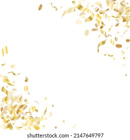 Confeti dorado que vuela sobre fondo vectorial de vacaciones blancas. Ricos elementos espumosos voladores, gradiente de lámina dorada serpentina streamers confetti caida vector de cumpleaños.