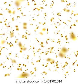 Gold shining confetti flying seamless pattern. Award ceremony decoration. Glossy festive serpentine particles isolated vector illustration. Happy Birthday or anniversary celebration backdrop.