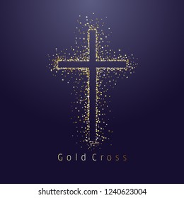Gold shining cross logotype. Emblem of religious event. Greeting card with glitter and sparkles on dark night background. Isolated tradition glorious miracle symbol, abstract graphic design template.