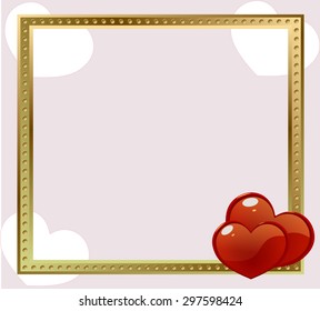 gold shining empty frame with red hearts