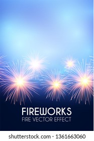 Gold Shining Fireworks in Soft Blue Sky. Congradulations and Win. Vector illustration
