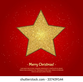 Gold shining five-pointed star on red background, design greeting cards. Realistic texture of gold. Cool Merry Christmas template postcard. Vector illustration.