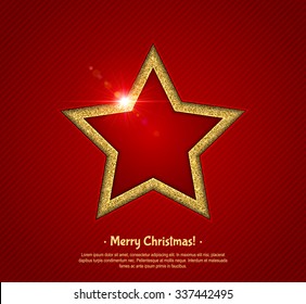 Gold shining five-pointed star with reflection on red background, design greeting card. Realistic texture of gold. Cool Merry Christmas template postcard. Vector illustration.