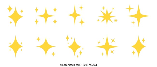 Gold shining icons vector set. Yellow sparkle and flash sign. Glow star icons. Shiny effect. Cleaning symbol. Bright glitter sign.