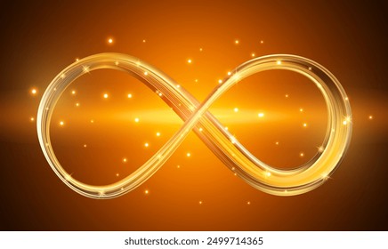 Gold shining infinity symbol. Glowing infinity sign on sparkling black background. Vector illustration.