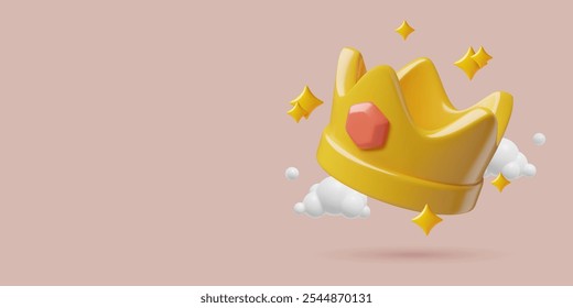 Gold shining jewel crown with stars 3d render. Winner award background design with copy space. Vector illustration. 