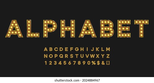 Gold Shining Marquee Alphabet With Numbers And Warm Light. Vintage Illuminated Letters For Text Logo Or Sale Banner
