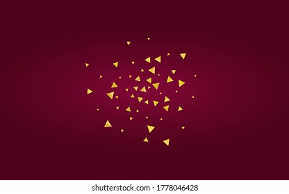 Gold Shining Paper triangles on Red Background. Falling or Raining triangles.  Wallpaper. Golden Triangle Modern Design. Shard Bright Postcard.