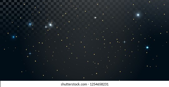 Gold shining particles on transparent background. Holiday vector illustration. Sparkling lights, stars, confetti.