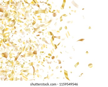 Gold shining realistic confetti flying on white holiday poster background. Premium flying tinsel elements, gold foil texture serpentine streamers confetti falling party vector.