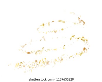 Gold shining realistic confetti flying on white holiday vector backdrop. Rich flying sparkle elements, gold foil gradient serpentine streamers confetti falling festive background.
