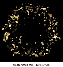 Gold shining realistic confetti flying on black holiday vector illustration. Creative flying sparkle elements, gold foil gradient serpentine streamers confetti falling party background.