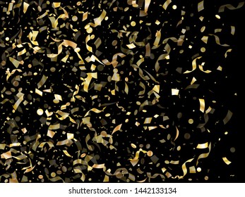 Gold shining realistic confetti flying on black holiday vector graphics. Premium flying sparkle elements, gold foil texture serpentine streamers confetti falling christmas background.