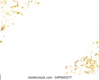 Gold shining realistic confetti flying on white holiday poster background. Glamour flying tinsel elements, gold foil gradient serpentine streamers confetti falling anniversary vector.