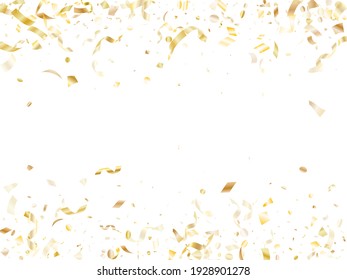 Gold shining realistic confetti flying on white holiday vector design. VIP flying sparkle elements, gold foil gradient serpentine streamers confetti falling xmas vector.