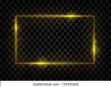 Gold shining rectangle banner. Golden lights effects. Sparkle frame. Isolated on black transparent background. Vector illustration