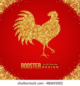 Gold Shining Rooster Silhouette on Red Background. Vector illustration. Happy 2017 Chinese New Year. 