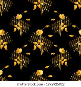 Gold, shining roses, bouquet. Vector vintage background. Seamless pattern with image of a gold rose flowers on a black background. Design for textiles, gift wrapping.