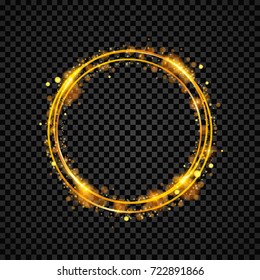 Gold shining round banner. Golden circle. Lights effects. Sparkle ring frame. Isolated on black transparent background. Vector illustration