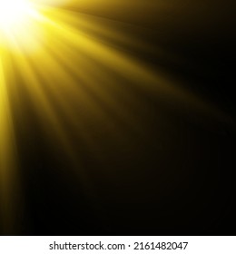 Goldene, leuchtende Vektorsonne mit transparenten Strahlen. Gelbe Detonationseffekt.
