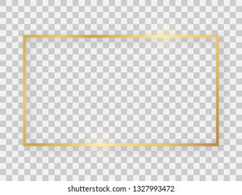 Gold shiny 16x9 rectangular frame with glowing effects and shadows on transparent background. Vector illustration