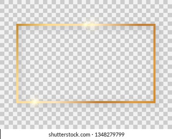 Gold shiny 16x9 rectangular frame with glowing effects and shadows on transparent background. Vector illustration