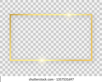 Gold shiny 16x9 rectangular frame with glowing effects and shadows on transparent background. Vector illustration
